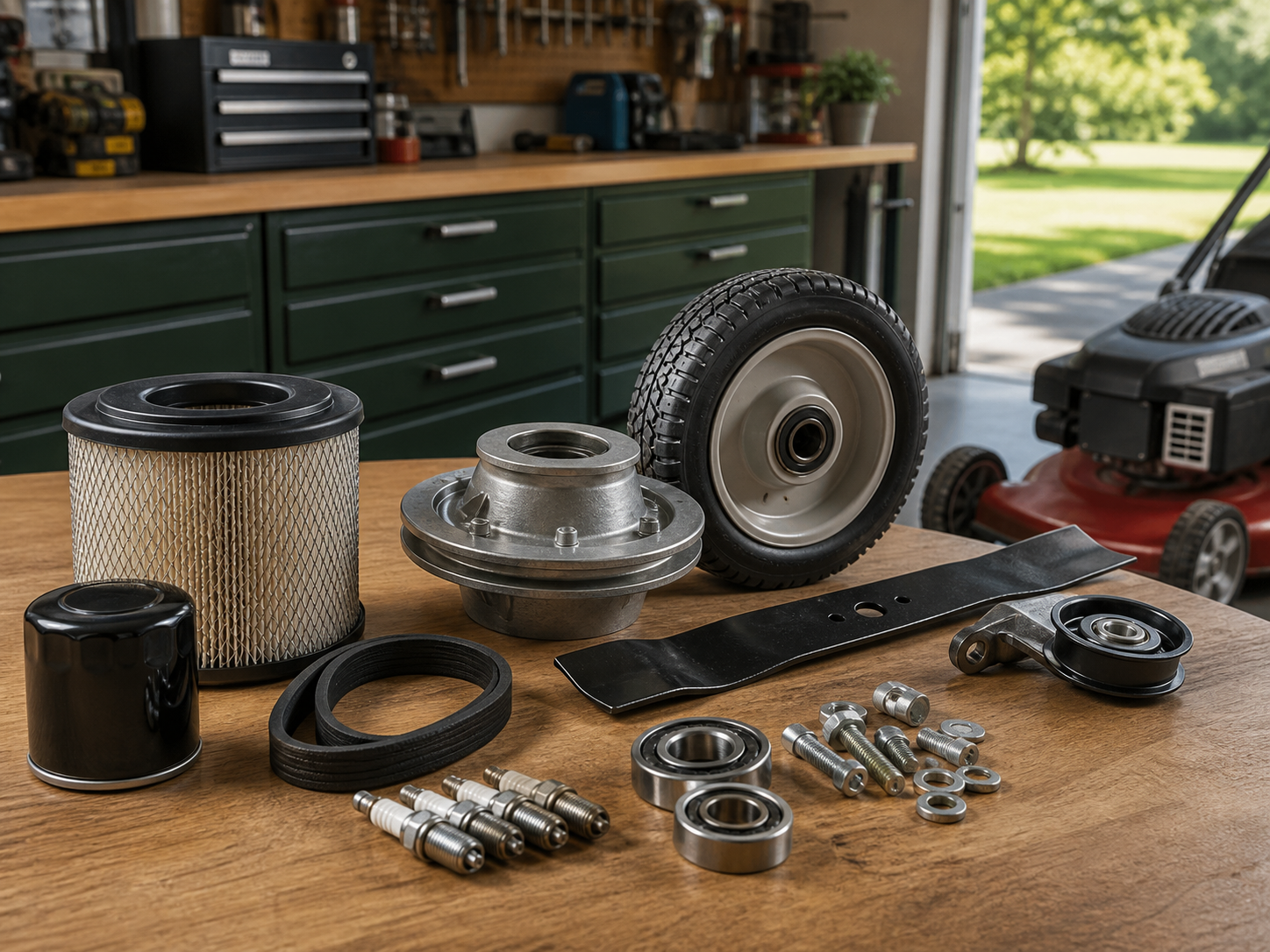 Lawn mower replacement parts arranged on a workshop bench